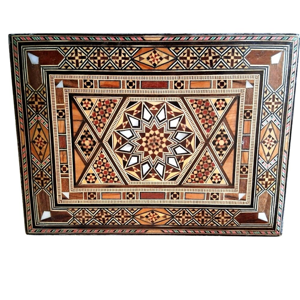 Vintage Handcrafted Wooden Inlaid Jewelry Box Mosaic Design Red Velvet Interior